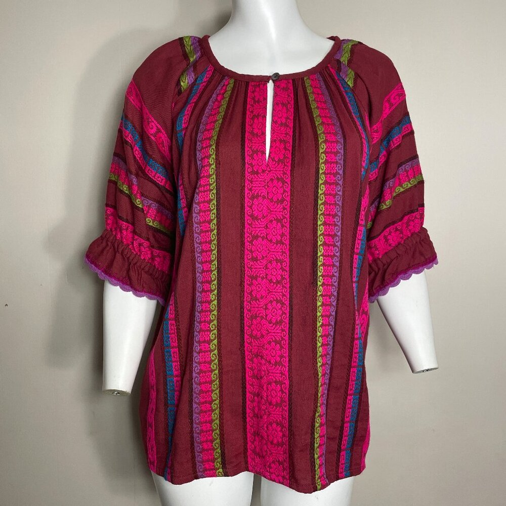 Sister Mary Corina Top Embroidered Size M 3/4 Sleeve Crochet Trim Boho Blouse